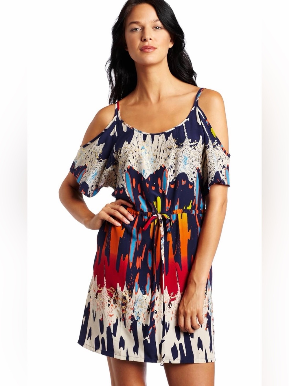 Cold-Shoulder Abstract Print Dress in Navy, Red & Cream 100% Silk‎